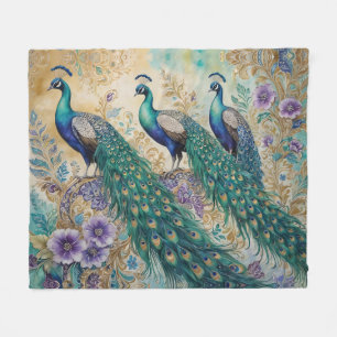 Paisley Peacock Floral Watercolor  Fleece Blanket