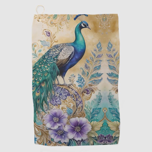 Paisley Peacock Floral Watercolor  Golf Towel (Front)