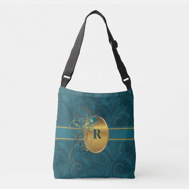 Paisley Peacock with Monogram in Teal and Gold Crossbody Bag (Front)