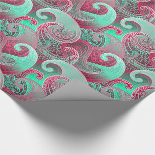 Paisley Pink and Aqua Damask Pattern Wrapping Paper