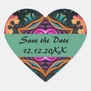 Paisley Pink Floral Save the date Heart Sticker