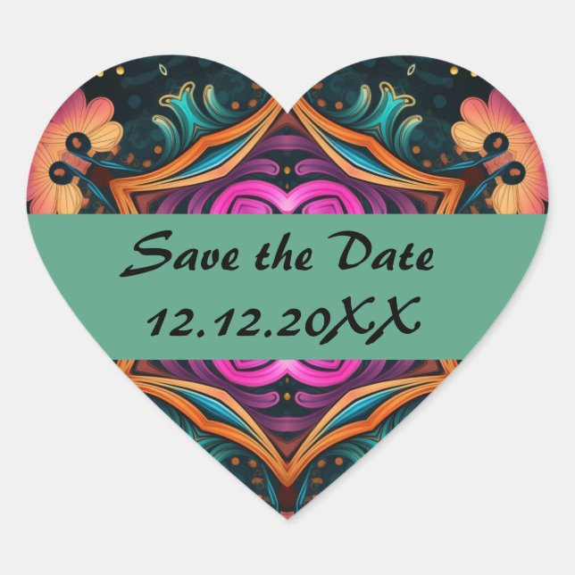 Paisley Pink Floral Save the date Heart Sticker (Front)