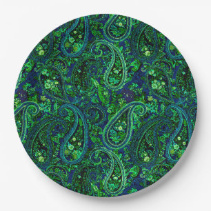 Paisley Profusion Vibrant Floral Blue Green Paper Plate