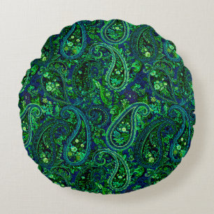 Paisley Profusion Vibrant Floral Blue Green Round Cushion