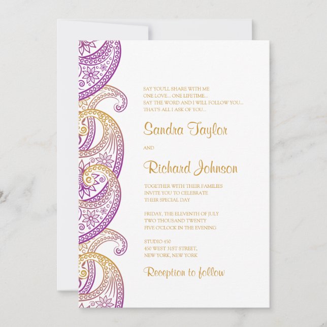 Paisley Purple & Gold Indian Wedding Invitation (Front)