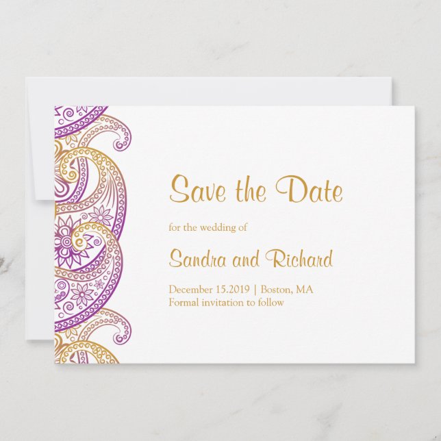 Paisley Purple & Gold Indian Wedding Save The Date (Front)