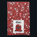 Paisley & Retro Stove Personalised Kitchen Towel<br><div class="desc">A kitchen towel featuring a red paisley design.  Personalise with your name above red retro stove.</div>