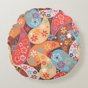 Paisley seamless pattern, colorful vintage hand dr round cushion