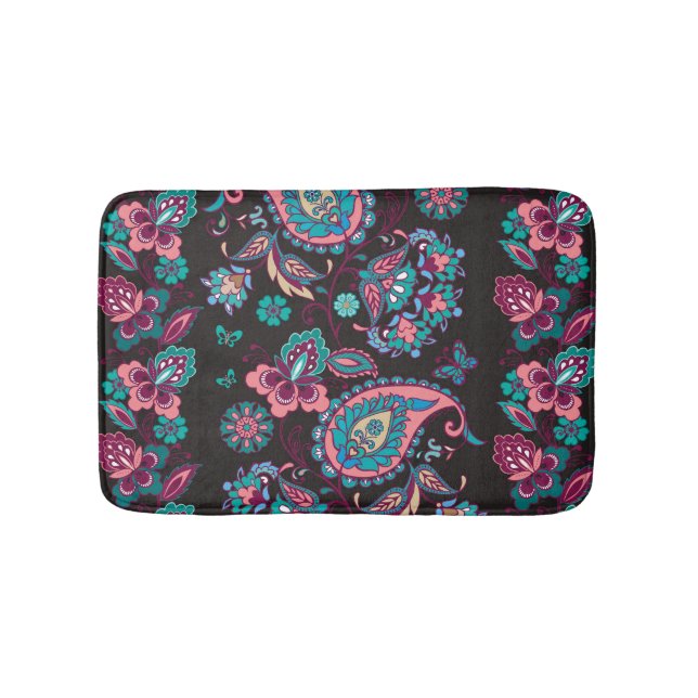 Paisley Stripe: Black Decorative Seamless Bath Mat (Front)