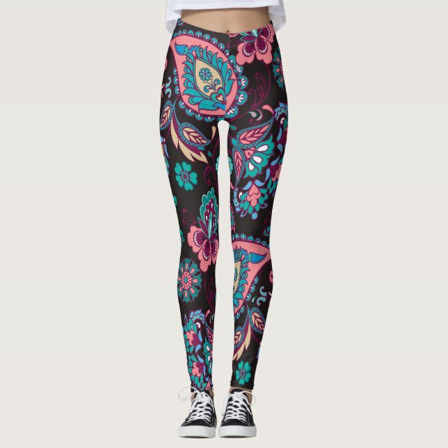 Paisley Stripe: Black Decorative Seamless Leggings (Front)