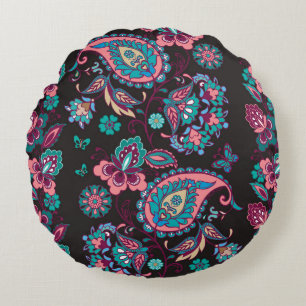 Paisley Stripe: Black Decorative Seamless Round Cushion