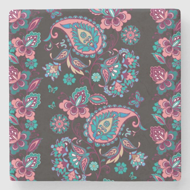 Paisley Stripe: Black Decorative Seamless Stone Coaster (Front)