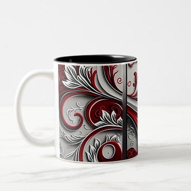 Paisley Swirl Red, Silver and White 3 Two-Tone Coffee Mug (Left)