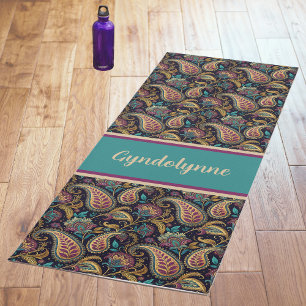 Paisley Vintage Look Black Teal Purple Monogram Yoga Mat