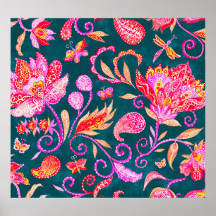 Paisley Watercolor Floral Pattern Tile Poster