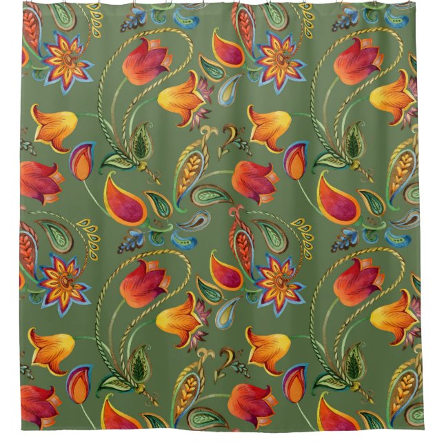 Paisley watercolor flowers, seamless Indian motif. Shower Curtain (Front)