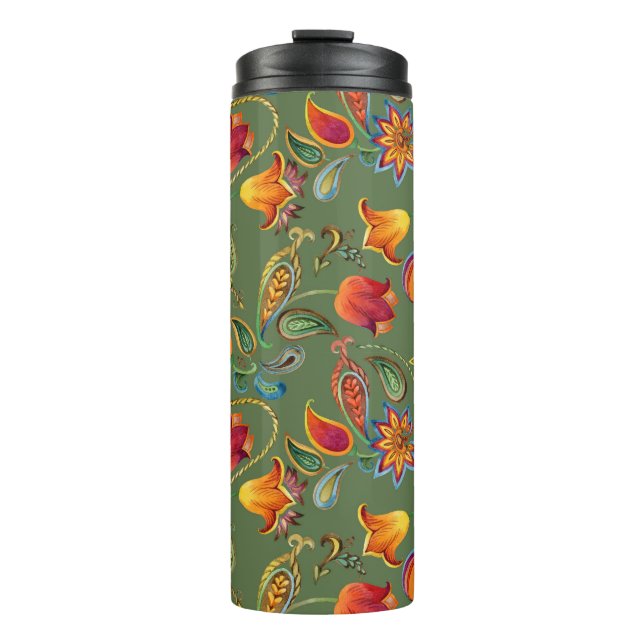 Paisley watercolor flowers, seamless Indian motif. Thermal Tumbler (Front)