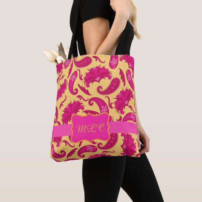 Paisley Yellow Bright Pink Monogram Personalise Tote Bag (Close Up)