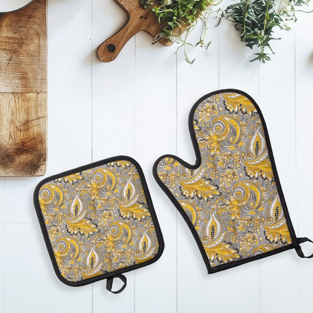 Paisley Yellow Grey  Pattern Oven Mitt & Pot Holder Set (Creator Uploaded)