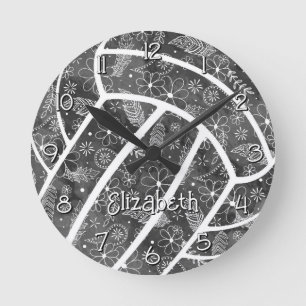 paisleys feathers flowers black grey volleyball round clock