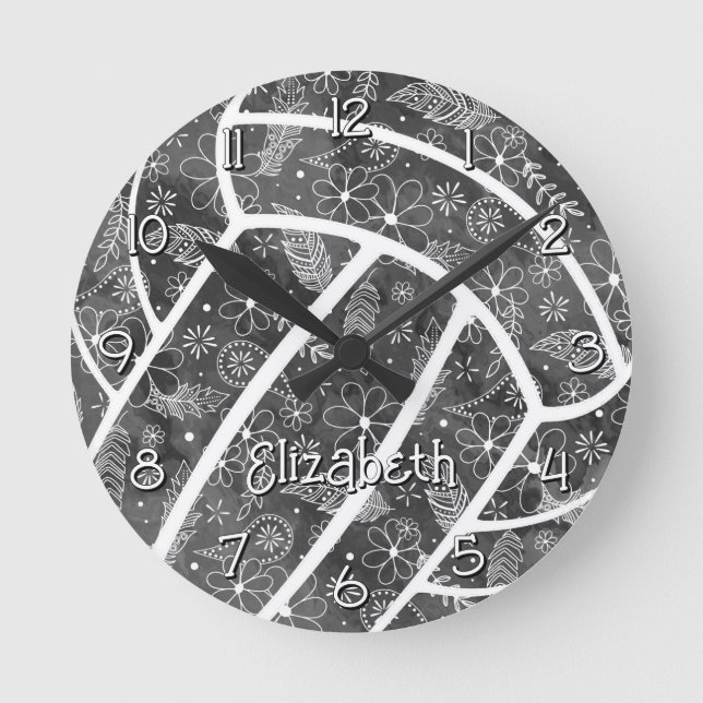 paisleys feathers flowers black grey volleyball round clock (Front)