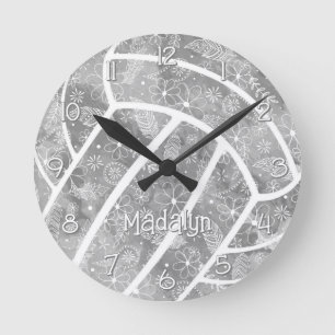 paisleys feathers flowers gray volleyball round clock