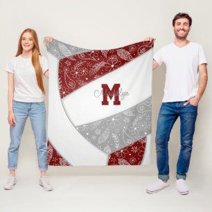 paislies feathers doodles maroon grey volleyball fleece blanket