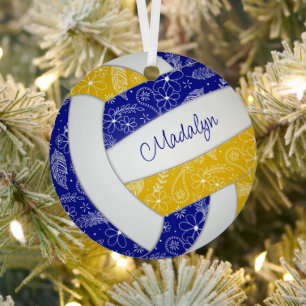 paislies feathers floral blue gold volleyball metal tree decoration