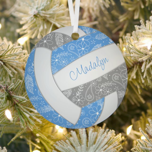 paislies feathers floral lt blue grey volleyball metal tree decoration (Insitu)