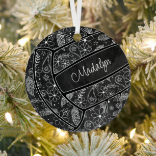 paislies feathers floral pattern black volleyball metal tree decoration