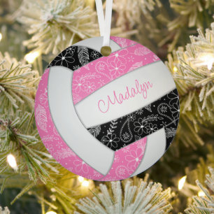 paislies feathers floral pink black volleyball metal tree decoration