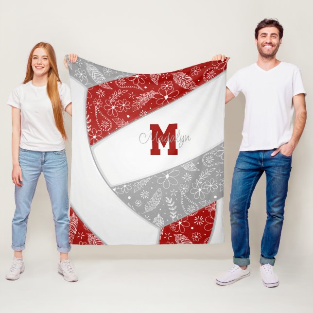 paislies feathers flowers red grey volleyball fleece blanket (In Situ)