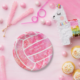 Paislies flowers feathers pink volleyball party paper plate