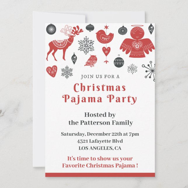Pajama Christmas Invitations cute illustration (Front)