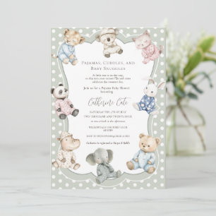 Pajama Party Animal Theme Green Baby Invitation