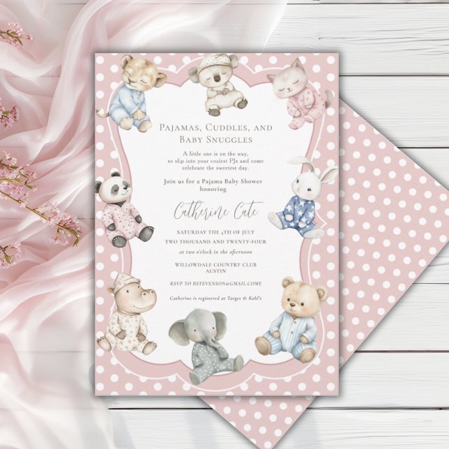 Pajama Party Animal Theme Pink Baby Shower  Invitation (Creator Uploaded)