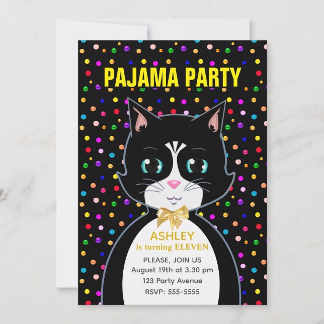 Pajama Party & Cute Tuxedo Birthday Cat  Invitation (Front)
