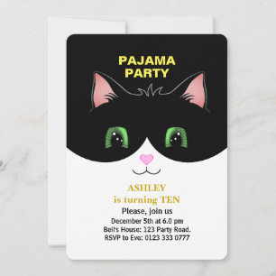 Pajama Party & Cute Tuxedo Cat Invitation