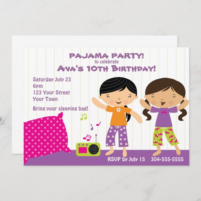 Pajama Party for Girls Invitation (Front/Back)