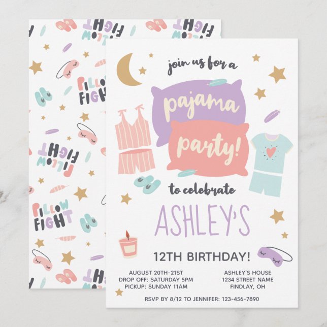 Pajama Party Girls Birthday Party, Any Age Invitation (Front/Back)