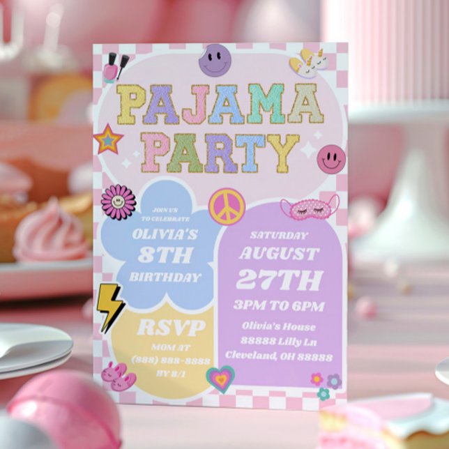 Pajama Party Preppy Varsity Patch Birthday Party Invitation (Creator Uploaded)