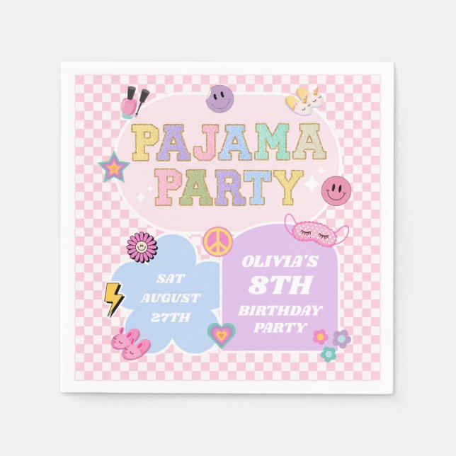Pajama Party Preppy Varsity Patch Birthday Party Napkin (Front)