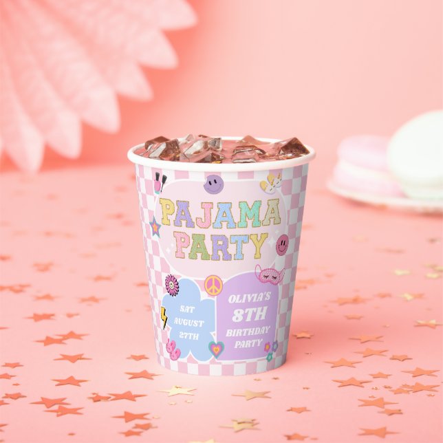 Pajama Party Preppy Varsity Patch Birthday Party Paper Cups (Insitu)