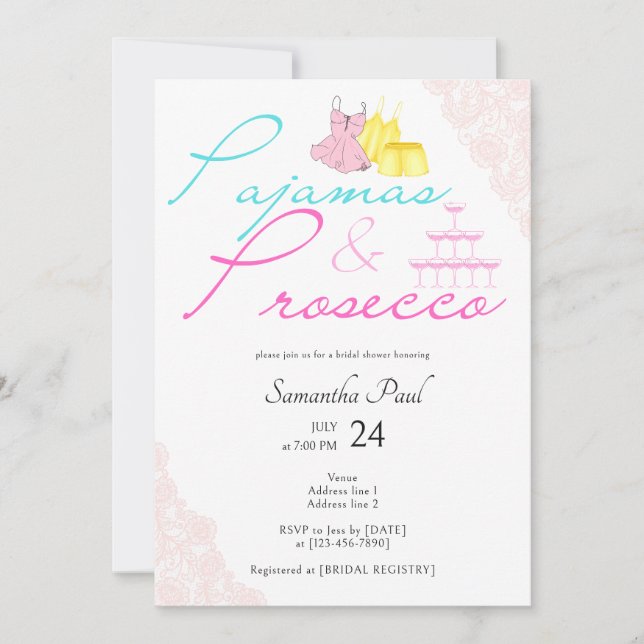 Pajama Slumber Party PJs & Prosecco Bridal Shower Invitation (Front)