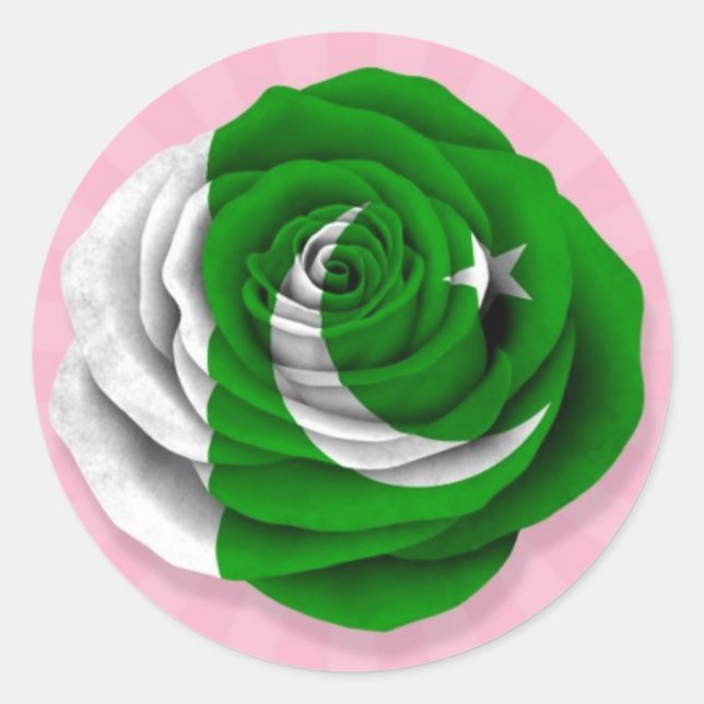 Pakistani Rose Flag on Pink Classic Round Sticker (Front)
