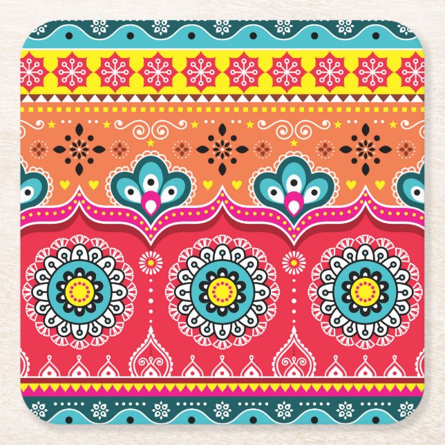 Pakistani Truck Art: Colourful Square Paper Coaster (Front)
