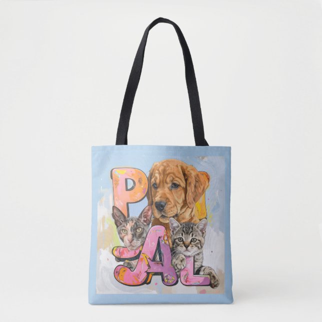 Pal Dog and Cats Plus Personalize Name  Tote Bag (Front)