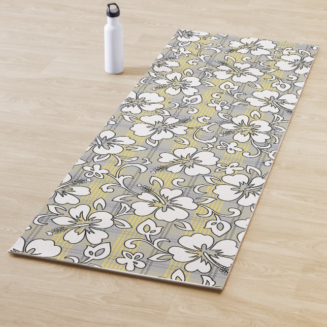 Palaka Pareau Hawaiian Check Hibiscus - Grey Yoga Mat (In Situ)