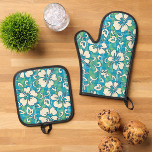 Palaka Pareau Hawaiian Check Hibiscus Teal Oven Mitt & Pot Holder Set