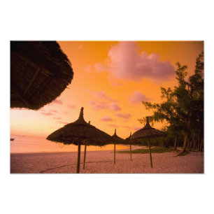 Palapa style beach huts at sunrise, Belle Mare 2 Photo Print